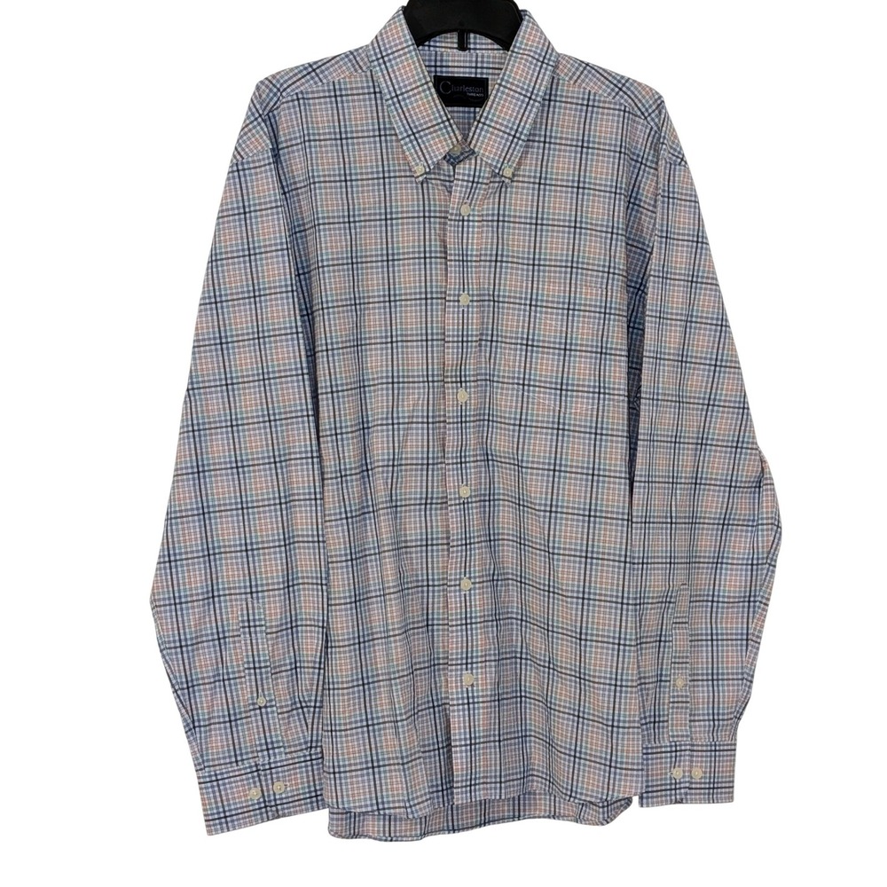 Charleston Threads Mens XL Plaid Button Down Shirt Blue Orange Cotton LS NWOT